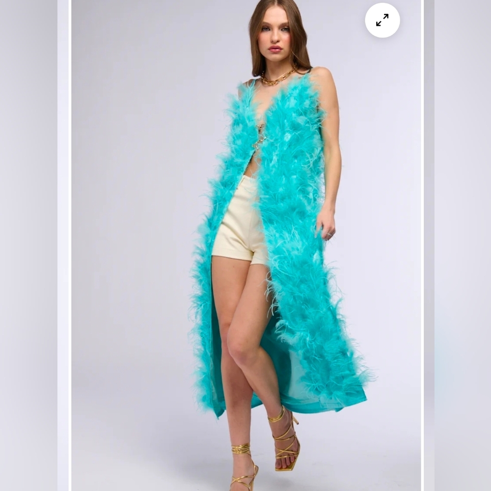 Turquoise Feathered Long Vest - Picture 2 of 5